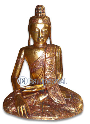 Buddha With Gold Painted, Handmade From Albesia Wood