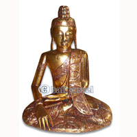 Buddha With Gold Painted, Handmade From Albesia Wood