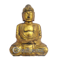 Buddha With Gold Painted, Handmade From Albesia Wood