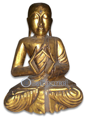 Buddha With Gold Painted, Handmade From Albesia Wood