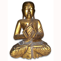 Buddha With Gold Painted, Handmade From Albesia Wood