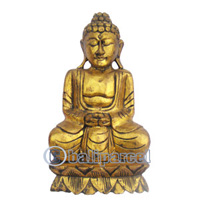 Buddha With Gold Painted, Handmade From Albesia Wood