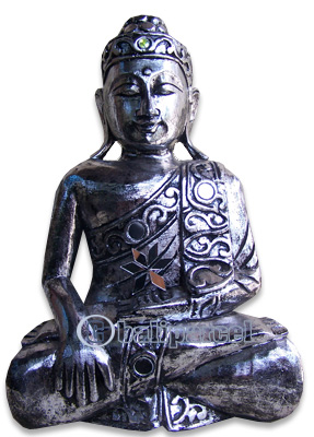 Buddha With Silver Painted, Handmade From Albesia Wood