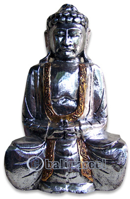 Buddha With Silver Painted, Handmade From Albesia Wood