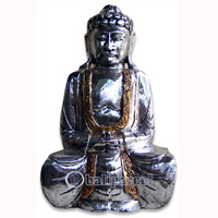 Buddha With Silver Painted, Handmade From Albesia Wood