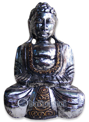 Buddha With Silver Painted, Handmade From Albesia Wood