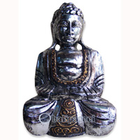 Buddha With Silver Painted, Handmade From Albesia Wood