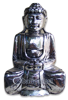 Buddha With Silver Painted, Handmade From Albesia Wood