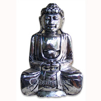 Buddha With Silver Painted, Handmade From Albesia Wood