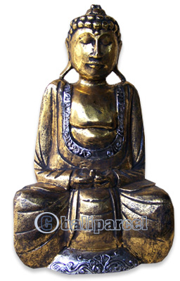 Buddha With Gold Painted, Handmade From Albesia Wood
