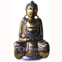 Buddha With Gold Painted, Handmade From Albesia Wood