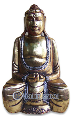 Buddha With Gold Painted, Handmade From Albesia Wood