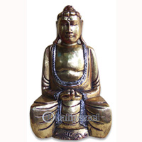 Buddha With Gold Painted, Handmade From Albesia Wood