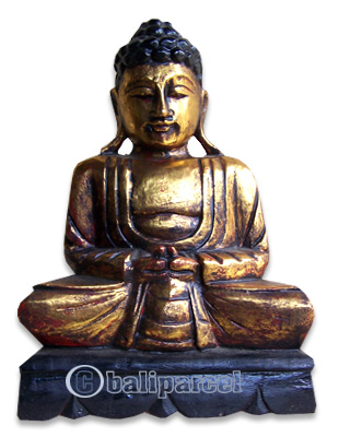 Buddha Head With Gold Painted, Handmade From Albesia Wood
