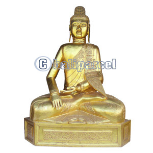 Buddha With Gold Painted, Handmade From Albesia Wood