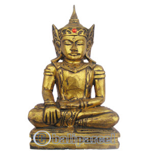 Buddha With Gold Painted, Handmade From Albesia Wood