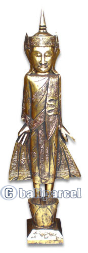 Buddha Standing With Gold Painted, Handmade From Albesia Wood