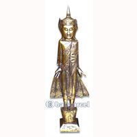 Buddha Standing With Gold Painted, Handmade From Albesia Wood