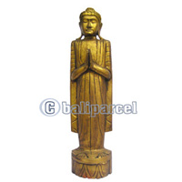 Buddha Standing With Gold Painted, Handmade From Albesia Wood