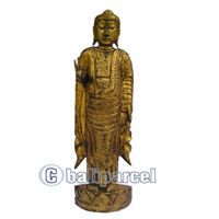 Buddha Standing With Gold Painted, Handmade From Albesia Wood