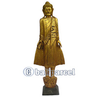 Buddha Standing With Gold Painted, Handmade From Albesia Wood