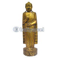 Buddha Standing With Gold Painted, Handmade From Albesia Wood