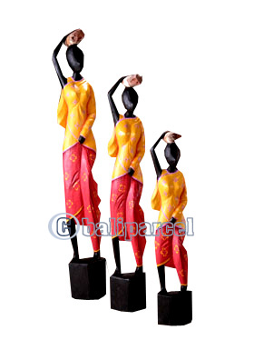 Women Statue Set Of 3, Handmade From Albesia Wood