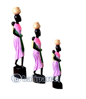 Women Statue Set Of 3, Handmade From Albesia Wood