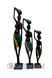 Traditional Women Statue Set Of 3, Handmade From Albesia Wood