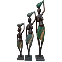 Traditional Women Statue Set Of 3, Handmade From Albesia Wood