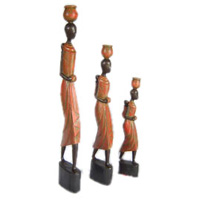 Women Statue Set Of 3, Handmade From Albesia Wood