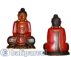 Buddha With Painted, Handmade From Albesia Wood