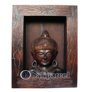 Buddha With Frame, Handmade From Albesia Wood