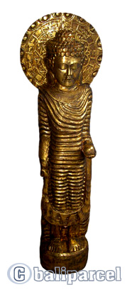 Buddha Standing With Gold Painted, Handmade From Albesia Wood