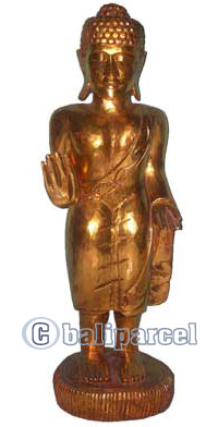 Buddha Standing With Gold Painted, Handmade From Albesia Wood