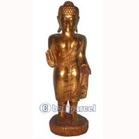 Buddha Standing With Gold Painted, Handmade From Albesia Wood