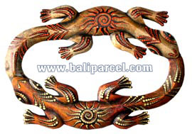 Double Geckos Dot Art Wall Plaque, Hand Carved From Albesia Wood.