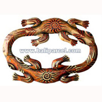 Double Geckos Dot Art Wall Plaque, Hand Carved From Albesia Wood.