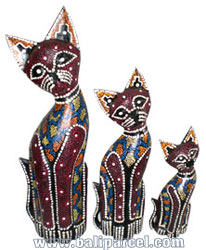 Wooden Cat Set Of 3 With Dot Art Painted, Hand Carved From Albesia Wood