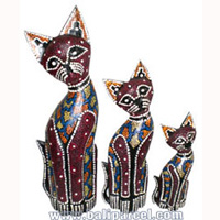 Wooden Cat Set Of 3 With Dot Art Painted, Hand Carved From Albesia Wood