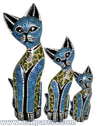 Wooden Cat Set Of 3 With Dot Art Painted, Hand Carved From Albesia Wood