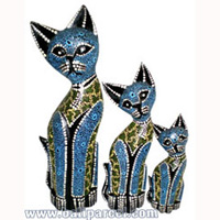 Wooden Cat Set Of 3 With Dot Art Painted, Hand Carved From Albesia Wood