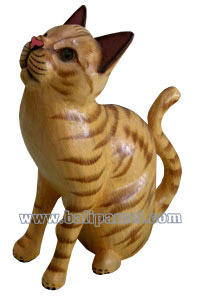 Wooden Cat With Painted, Hand Carved From Albesia Wood