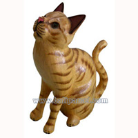 Wooden Cat With Painted, Hand Carved From Albesia Wood