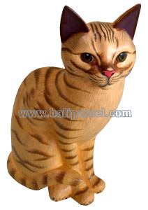 Wooden Cat With Painted, Hand Carved From Albesia Wood