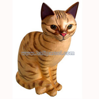 Wooden Cat With Painted, Hand Carved From Albesia Wood
