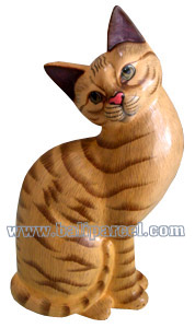 Wooden Cat With Painted, Hand Carved From Albesia Wood