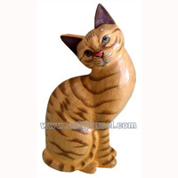 Wooden Cat With Painted, Hand Carved From Albesia Wood