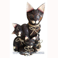 Wooden Cat With Painted, Hand Carved From Albesia Wood