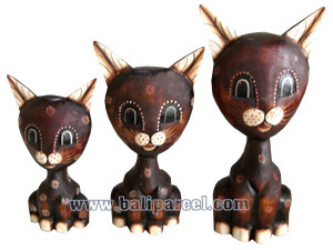 Wooden Cat Set Of 3 With Painted, Hand Carved From Albesia Wood